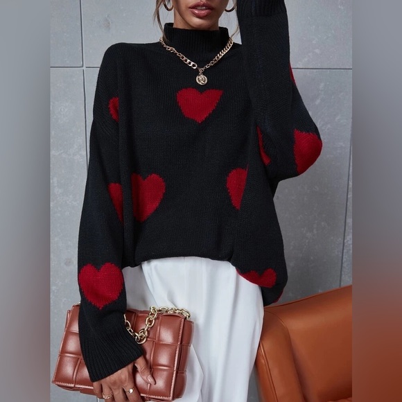 Heart Pattern Mock Neck Drop Shoulder Sweater - Picture 4 of 7